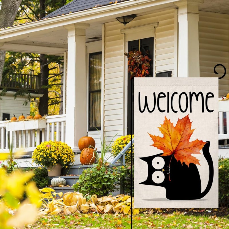 BLKWHT Fall Cat Garden Flag 12x18 Vertical Double Sided Welcome Maple Leaf Autumn Thanksgiving Holiday Outside Decorations Burlap Yard Flag BW689 - Image 4